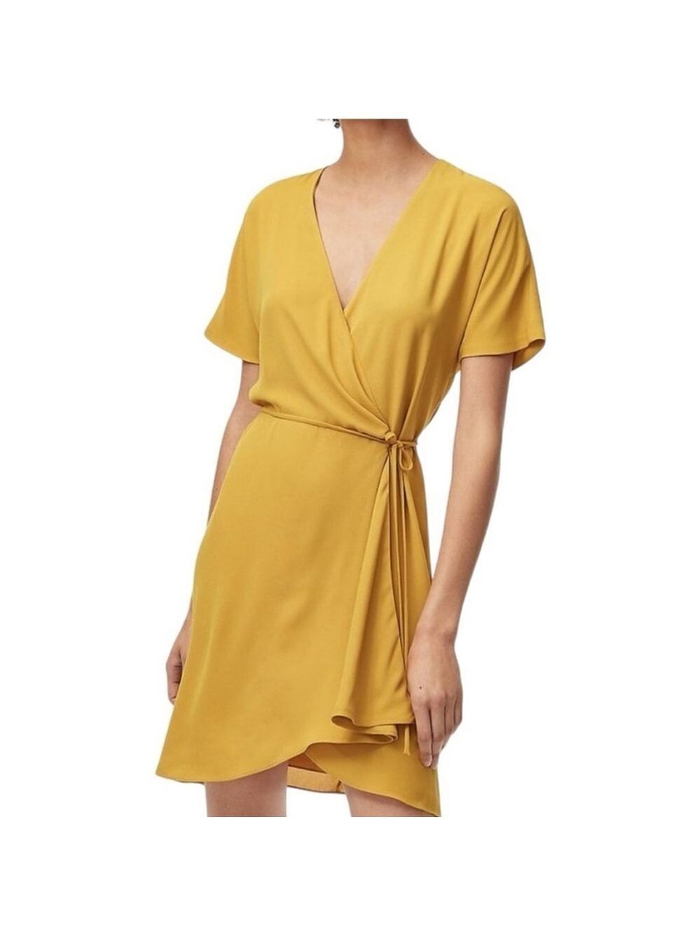Aritzia Babaton Wallace wrap short sleeve Vneck dress Medium Cairo Gold mustard